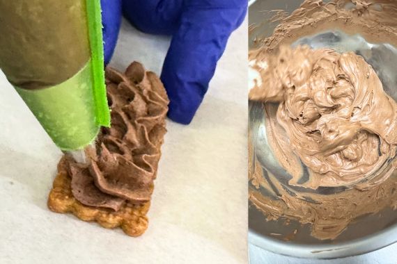 レクタン ショコラオレンジ クリームを絞る製造工程